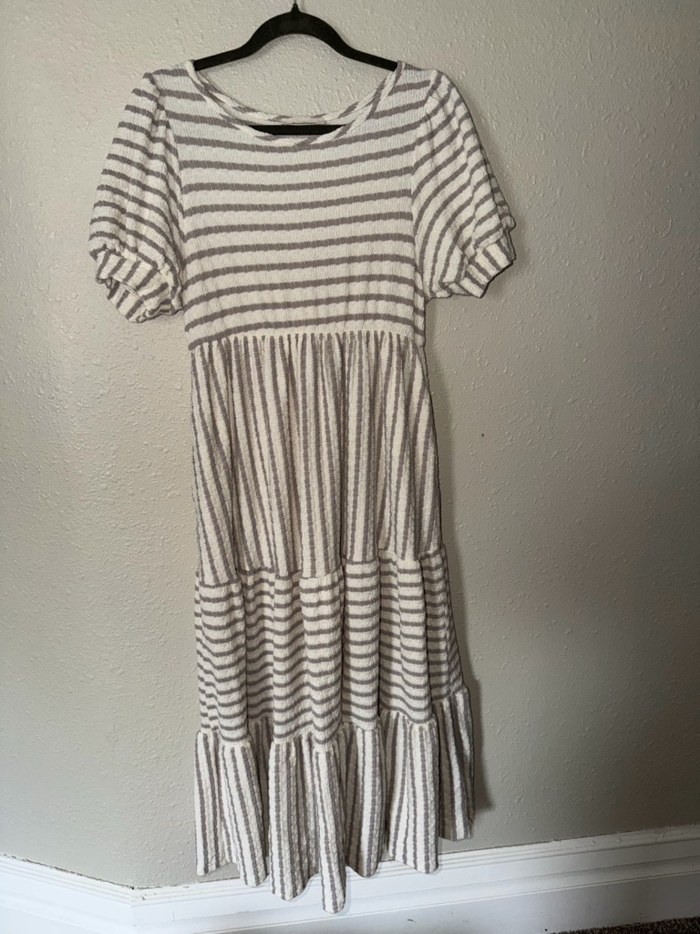 Cream and Taupe Striped Short Sleeve Tiered Maxi Dress - Picture 3 of 5